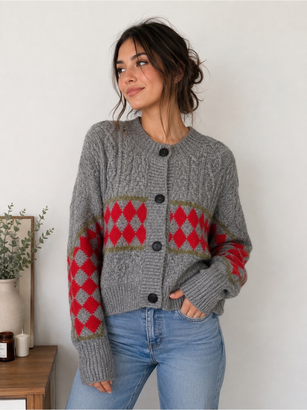 Anthropologie Gray Cardigan with Red Argyle Band